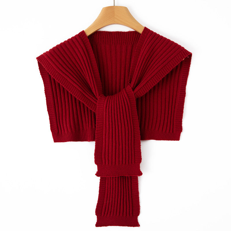 Women's Short Ribbed Knit Shoulder Warmer with Integrated Scarf Mune Fashion