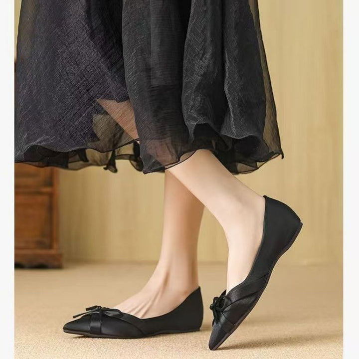 Ladies pointed satin ballerinas with bow detail and padded comfort insole Mune Fashion