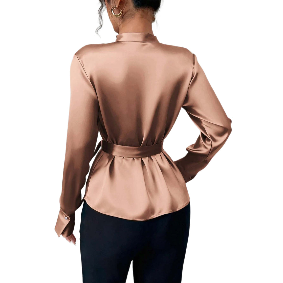 Women's Satin Wrap Blouse with V-Neck, Waist Belt and Slim Cuff Sleeve Mune Fashion