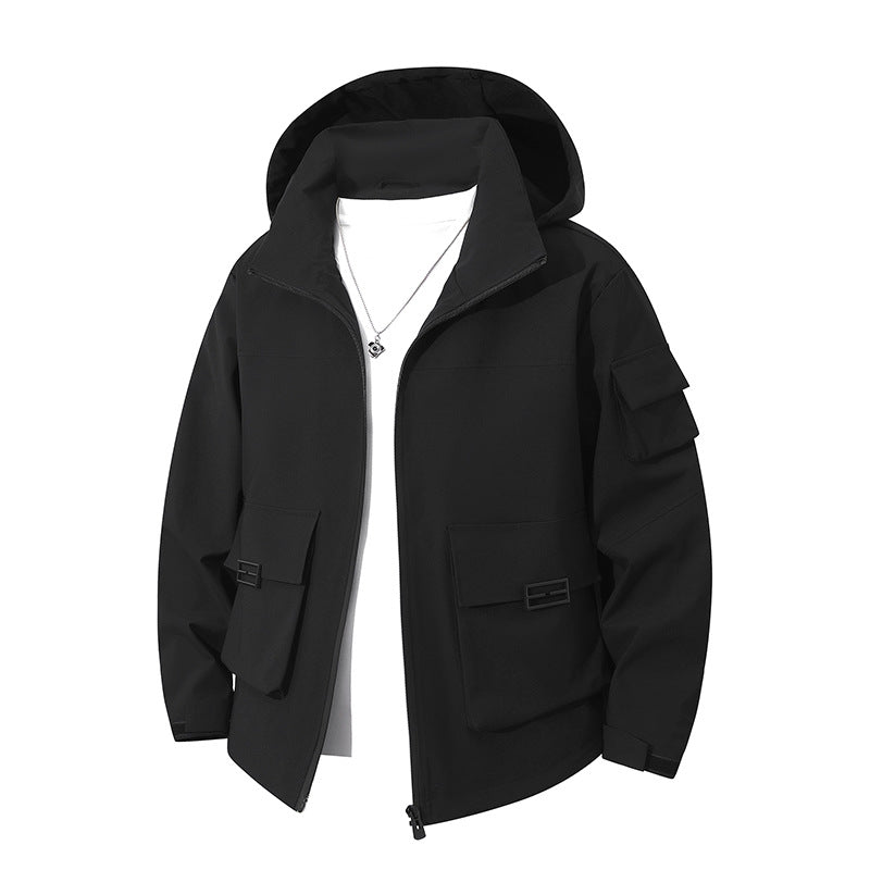 Men's Technical Utility Hooded Jacket with Multiple Flap Pockets and Wind-Resistant Softshell Mune Fashion