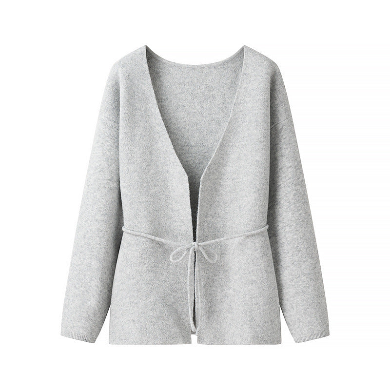 Women's Open Knit Cardigan with Ties and V-neck Mune Fashion