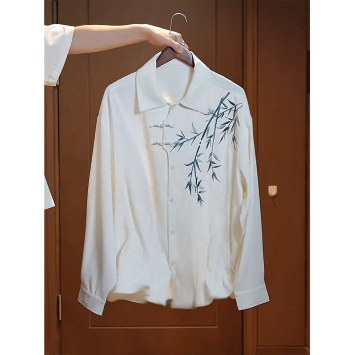Women's Lightweight Long Sleeve Blouse with Shirt Collar, Decorative Knot Closure and Bamboo Print Mune Fashion