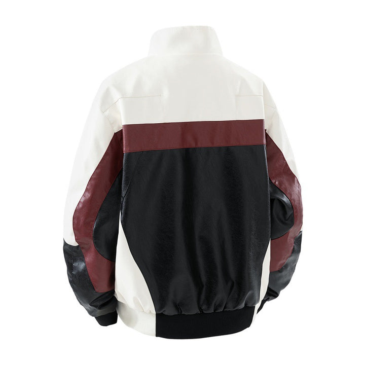 Men's faux leather colorblock bomber jacket with stand-up collar, two-way zipper, and elastic cuffs Mune Fashion