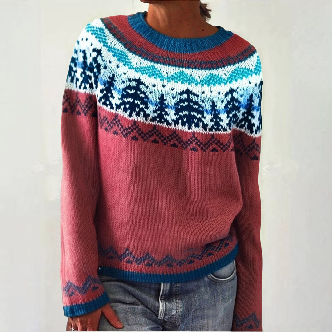 Women's gray marled round neck sweater with circular jacquard yoke and ribbed hem Mune Fashion
