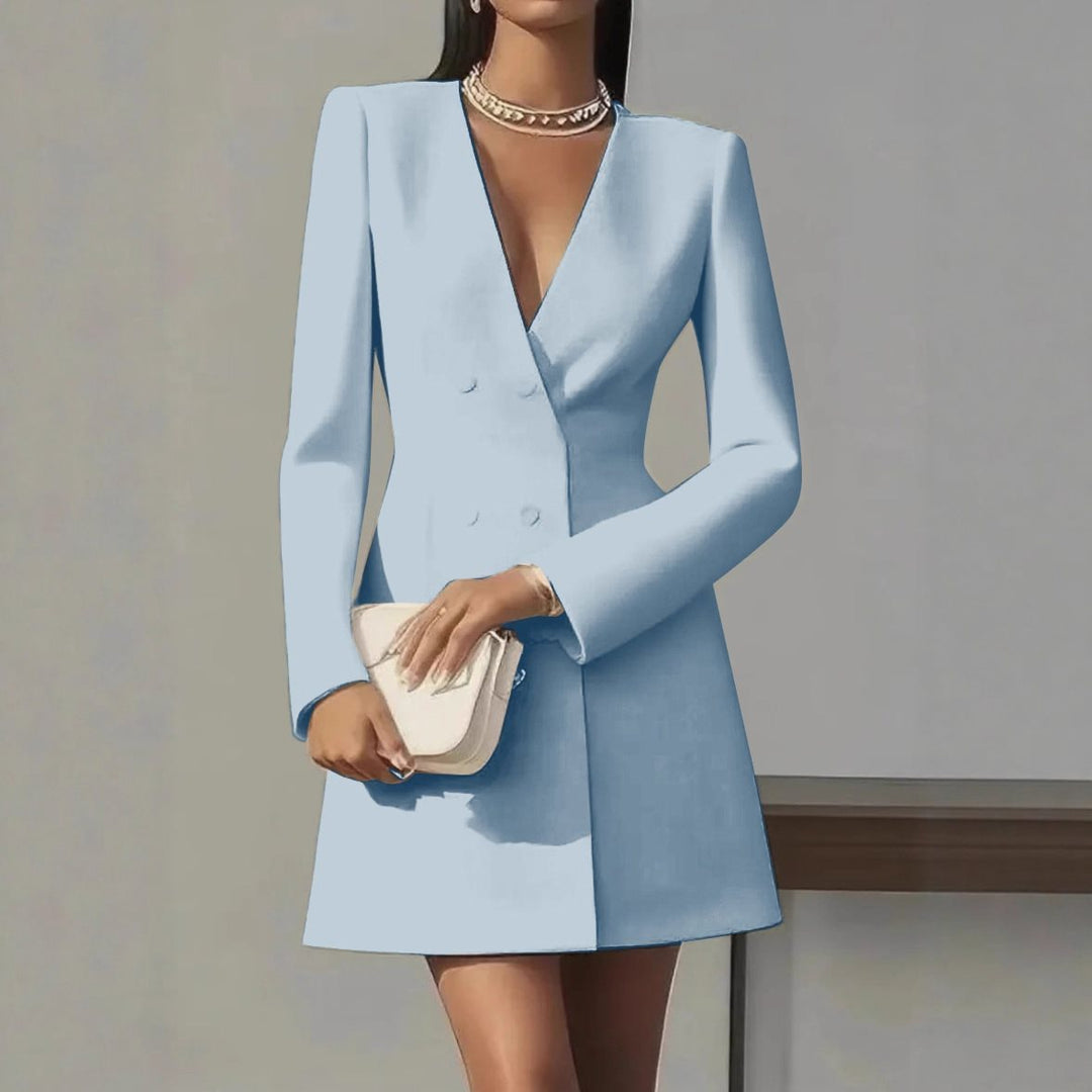 Ladies double-breasted blazer dress with tailored fit and deep V-neck Mune Fashion