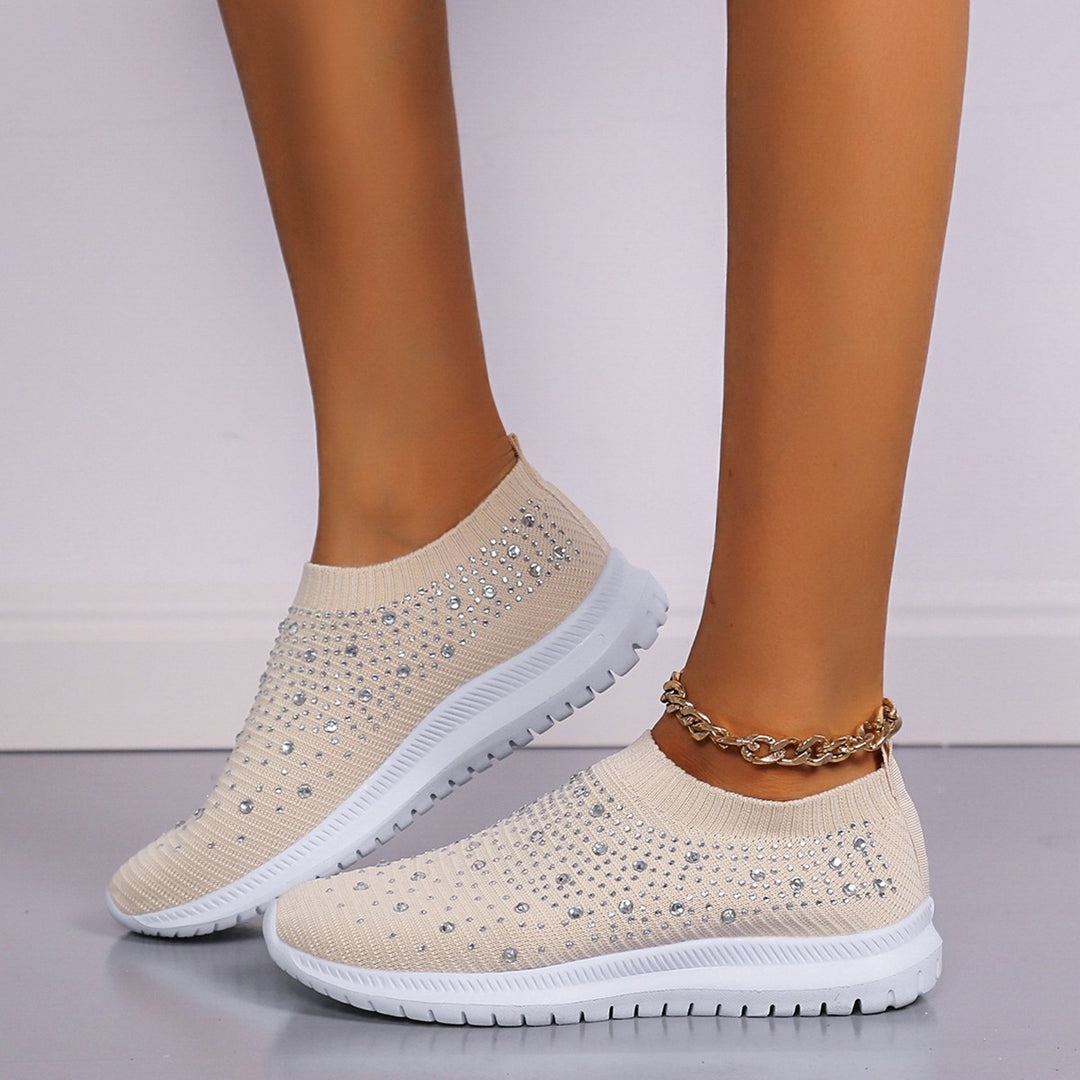 Women’s knitted slip-on sneakers with rhinestone accents, elastic shaft, and shock-absorbing EVA sole Mune Fashion