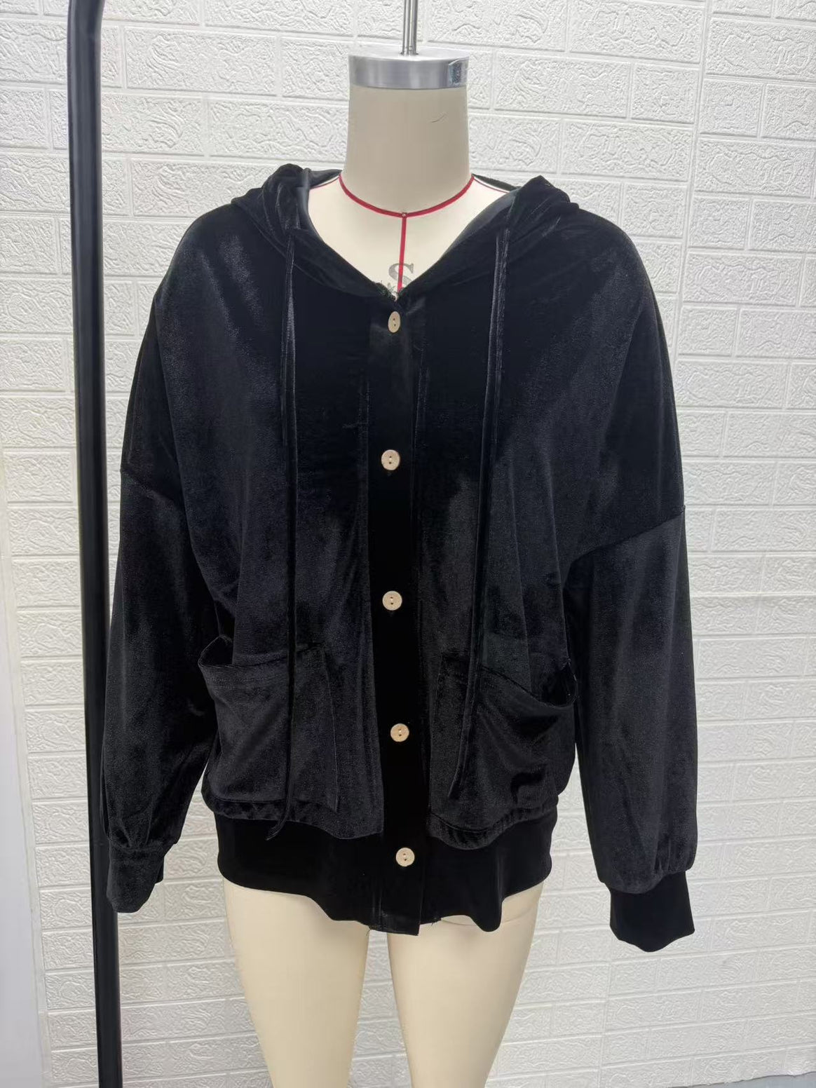 Women's Oversized Hooded Velvet Jacket with Button Placket and Patch Pockets Mune Fashion