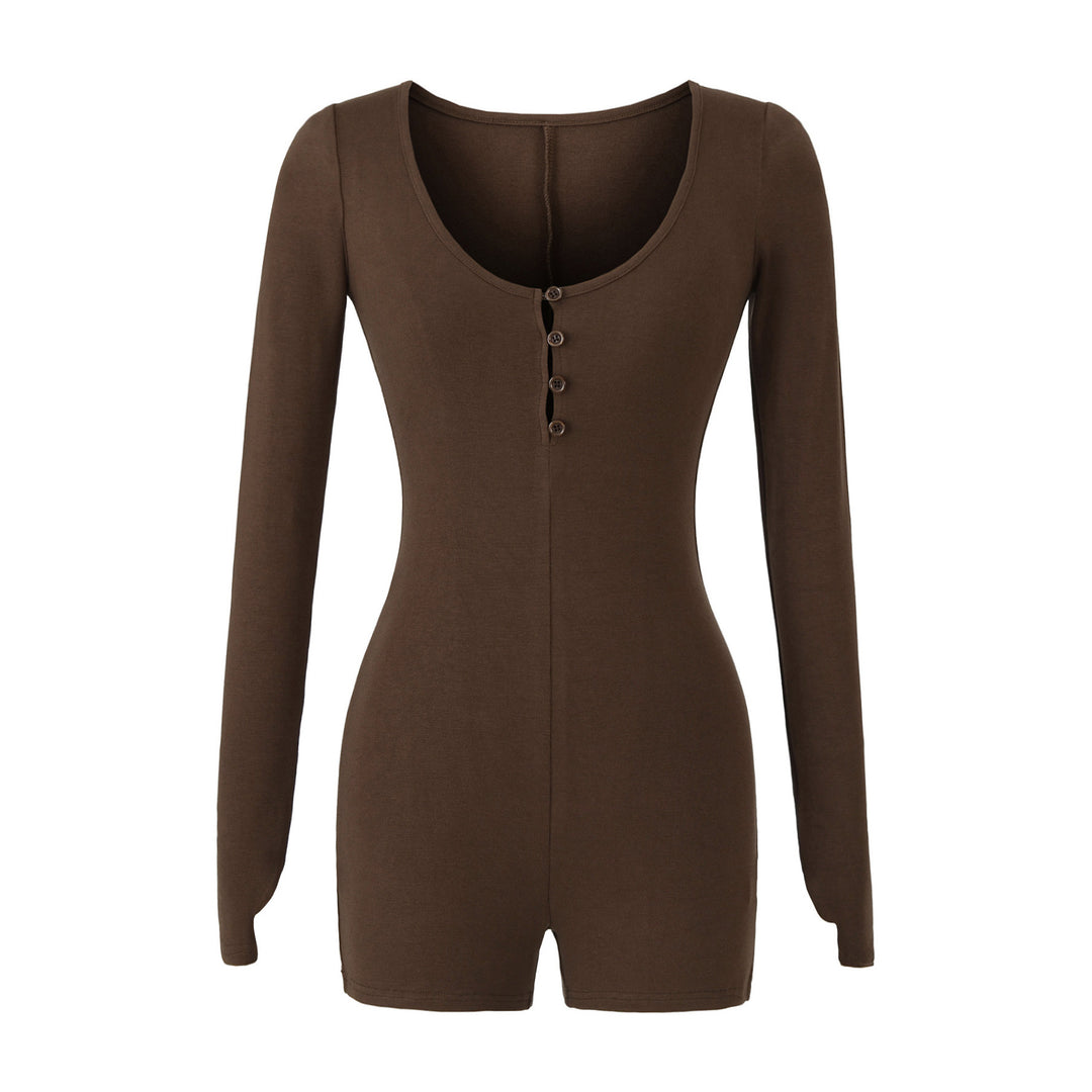 Women Fitted Long Sleeve Bodysuit with Button Placket and Short Shorts Mune Fashion