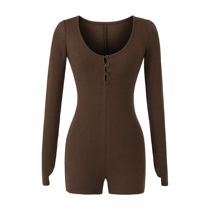 Women Fitted Long Sleeve Bodysuit with Button Placket and Short Shorts Mune Fashion