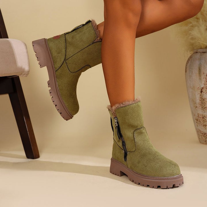 Women Fleece Lined Suede Look Ankle Boots with Teddy Lining, Side Zipper and Profiled Rubber Sole Mune Fashion