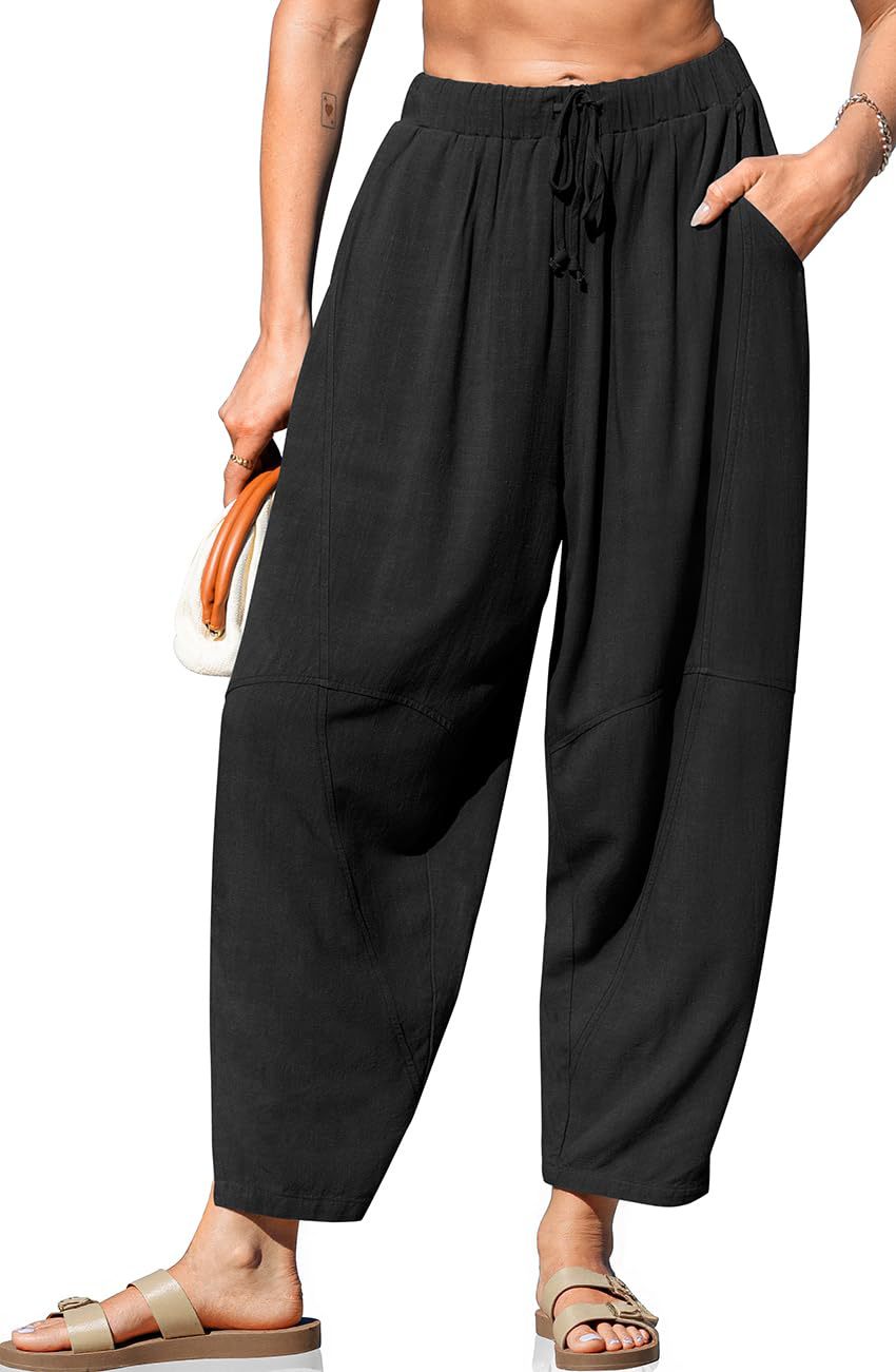 Women's Loose Fit Linen Trousers with Wide Leg and Drawstring Waist Mune Fashion