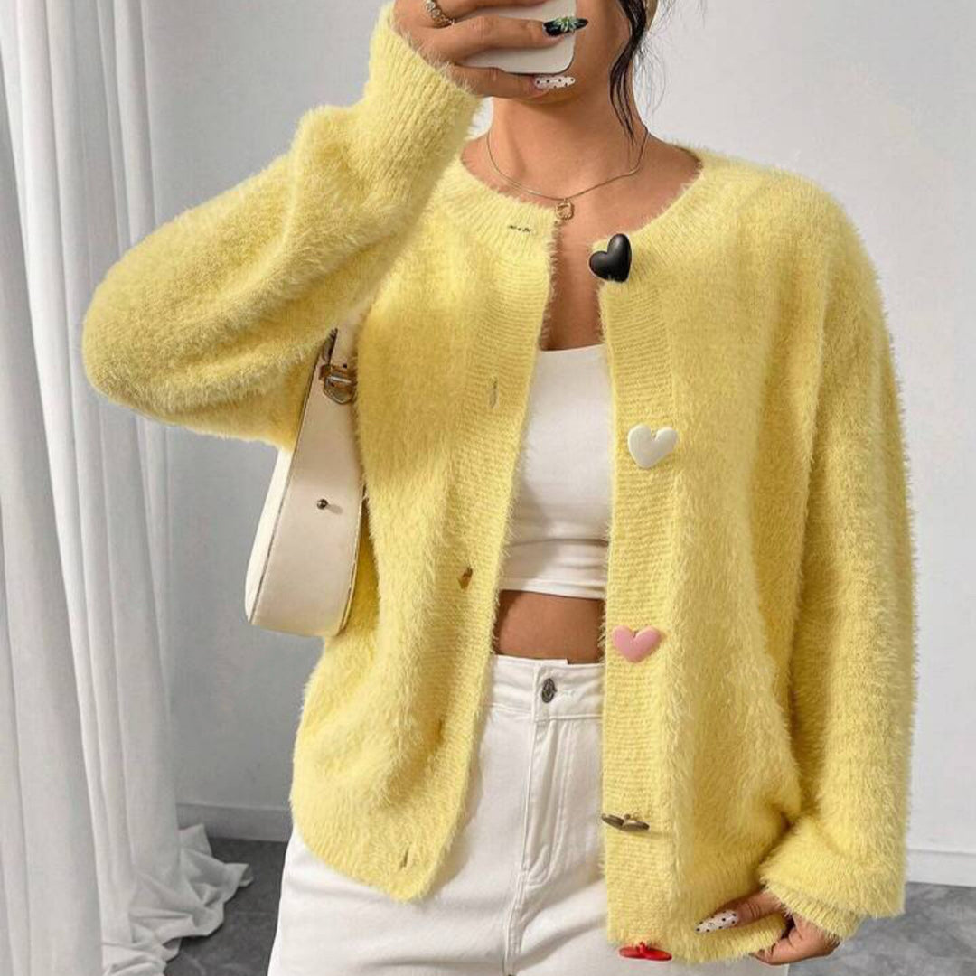 Women's Cozy Plush Cardigan with Colorful Heart Buttons and Boxy Silhouette Mune Fashion