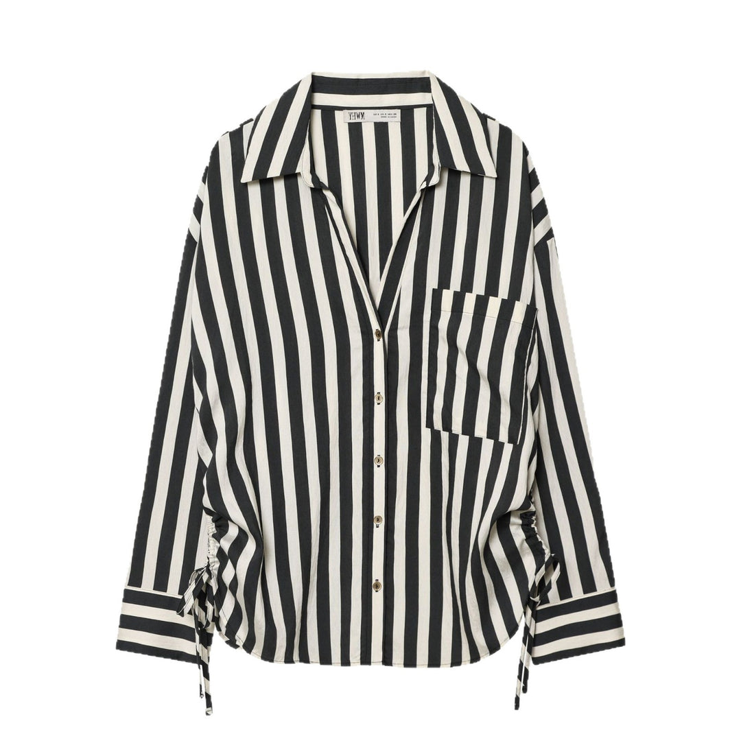 Women Oversized Shirt Blouse with Vertical Stripe Pattern and Side Lacing Mune Fashion