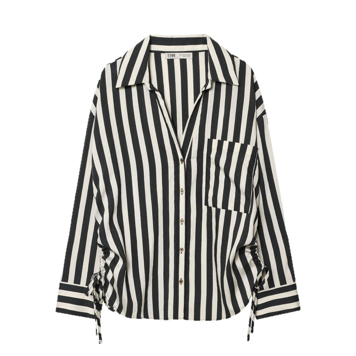Women Oversized Shirt Blouse with Vertical Stripe Pattern and Side Lacing Mune Fashion