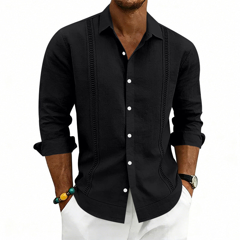 Men's casual linen shirt with Kent collar, decorative vertical stitching, and relaxed fit Mune Fashion