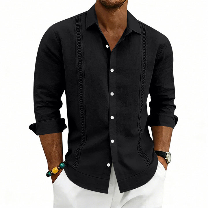 Men's casual linen shirt with Kent collar, decorative vertical stitching, and relaxed fit Mune Fashion