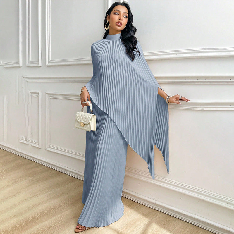 Women Elegant Pleated Cape Blouse Set Mune Fashion