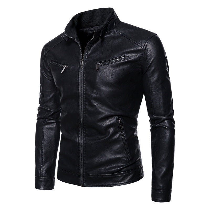 Men's Slim-Fit Faux Leather Biker Jacket with Stand Collar, Zipper Pockets, and Soft Inner Lining Mune Fashion