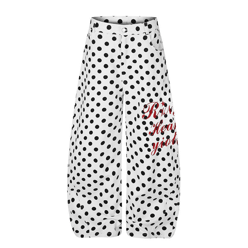 Women's Wide Culotte Jeans with Polka Dot, Balloon Shaped Hem and High Waist Mune Fashion