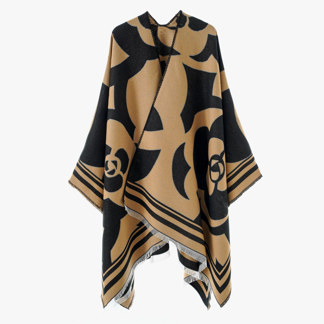Women's coarse woven jacquard wrap with large ornamental pattern and decorative fringes Mune Fashion