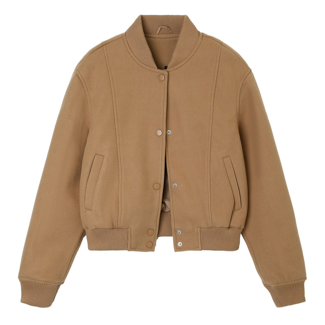 Ladies short-cut wool bomber jacket with ribbed cuffs and snap button placket Mune Fashion