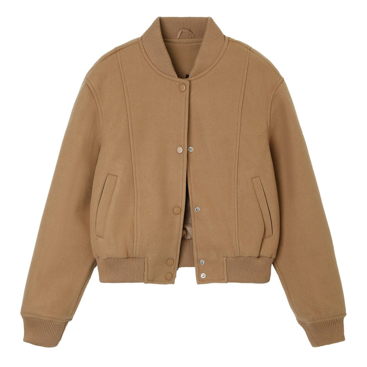 Ladies short-cut wool bomber jacket with ribbed cuffs and snap button placket Mune Fashion