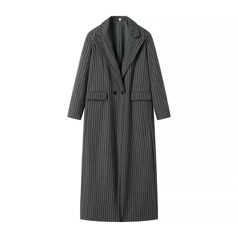 Women's long double-breasted coat in pinstripe look with large lapels and flap pockets Mune Fashion