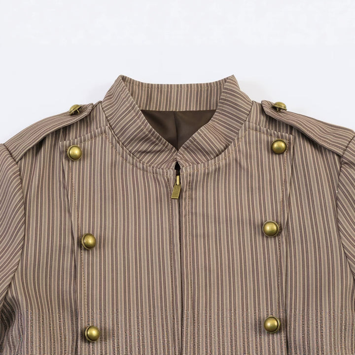 Women Short Cut Military Inspired Jacket with Stand Collar and Double Decorative Button Row Mune Fashion