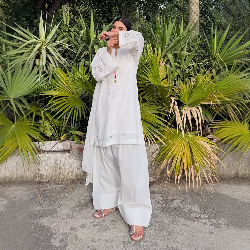 Women Loose Tunic Set with Broderie Anglaise and Wide Harem Pants Mune Fashion