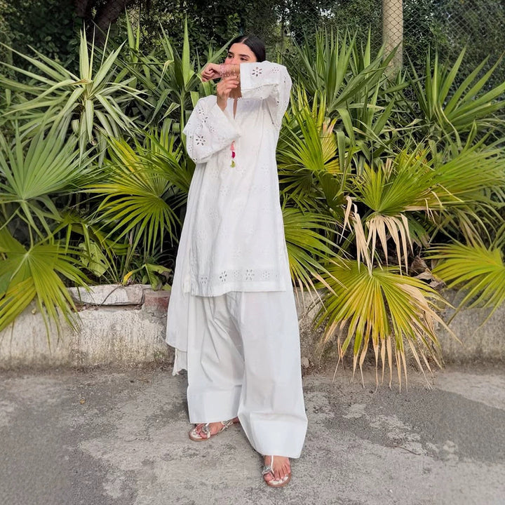 Women Loose Tunic Set with Broderie Anglaise and Wide Harem Pants Mune Fashion