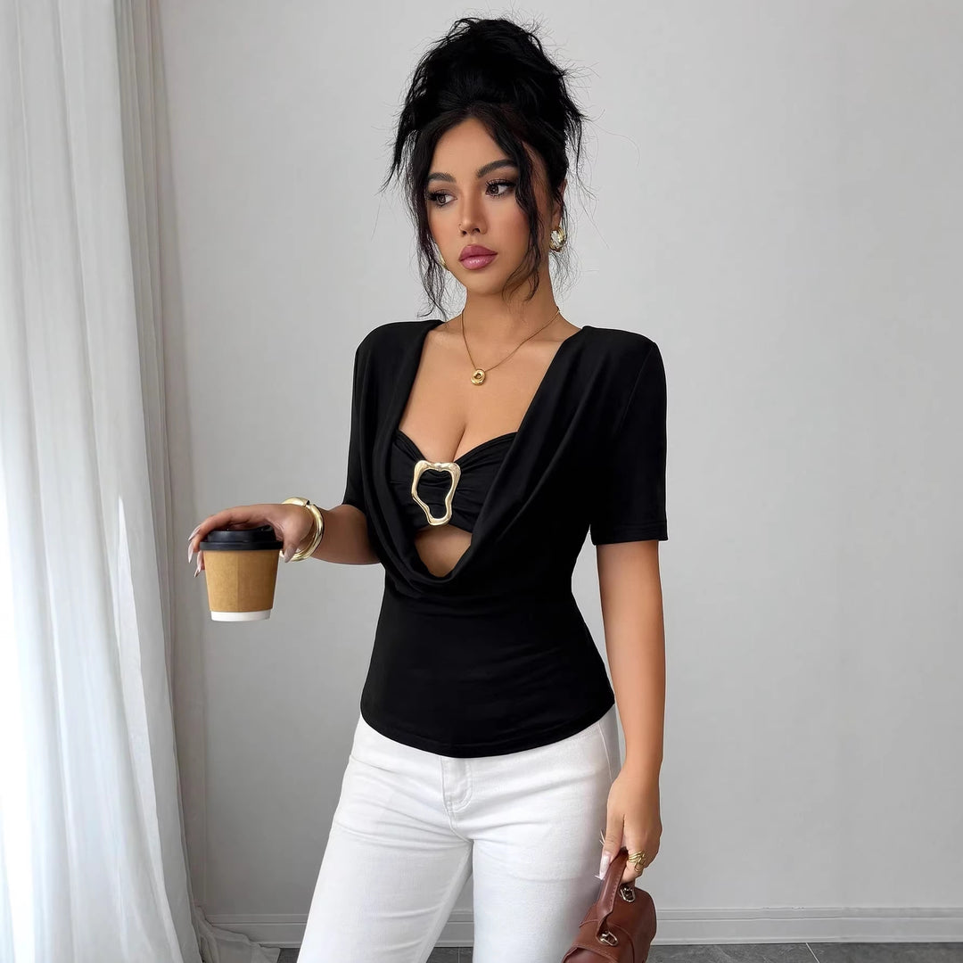 Women nan draped Cropped Top with heart-shaped decorative buckle and Cut-Out Mune Fashion