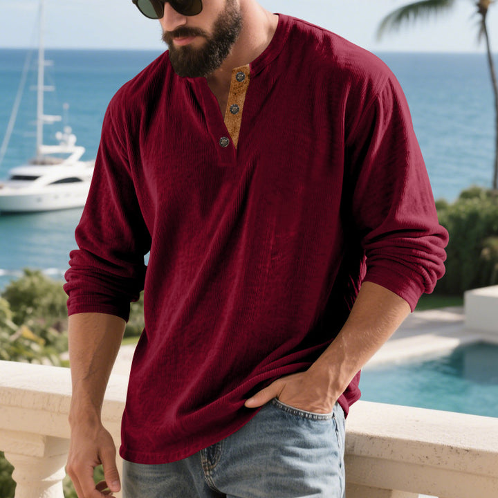 Men's long-sleeve Henley shirt made of structured cotton blend with decorative button placket Mune Fashion