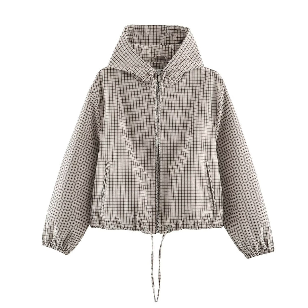 Women's Short Checkered Hooded Blouson with Drawstring, Zipper and Elastic Cuffs Drune