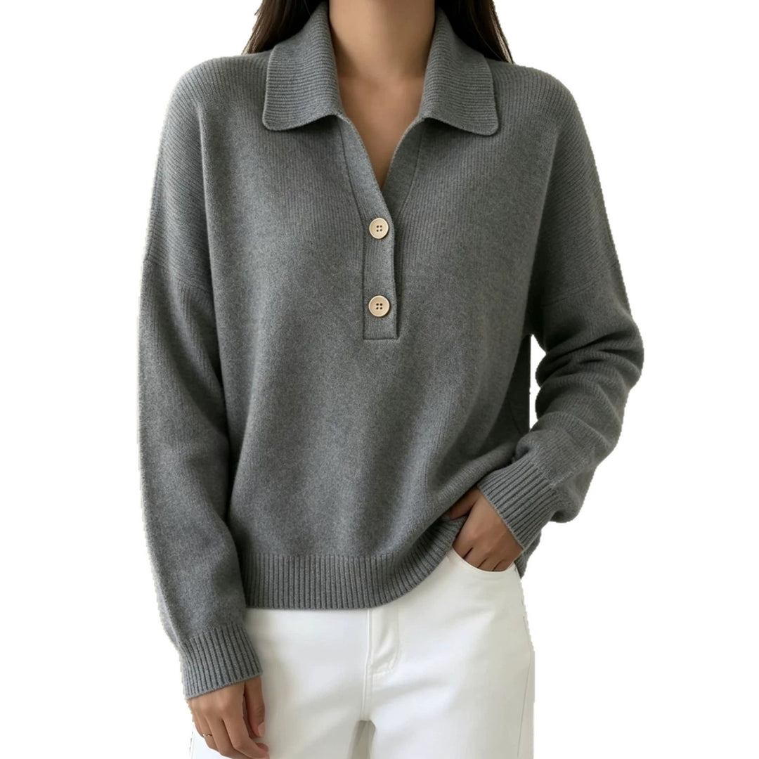 Women Polo Collar Sweater with Half Button Placket and Ribbed Hem Mune Fashion