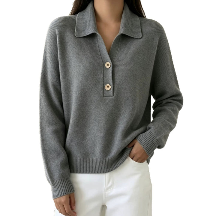 Women Polo Collar Sweater with Half Button Placket and Ribbed Hem Mune Fashion