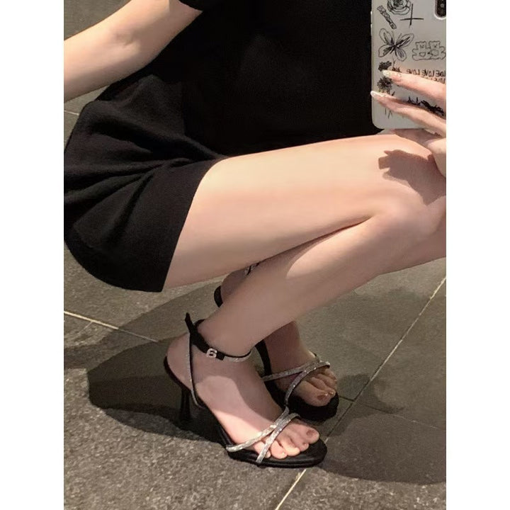 Ladies Glittering Strappy Stiletto Sandal with Ankle Strap and Delicate Rhinestone Accents Mune Fashion