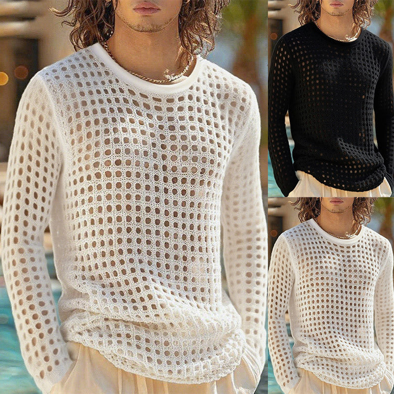 Men's airy openwork knit sweater with square mesh pattern and crew neck Mune Fashion