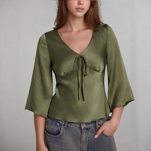 Women Satin Blouse with V-Neck, Ruched Bust Area and Flared 3/4 Sleeves Mune Fashion