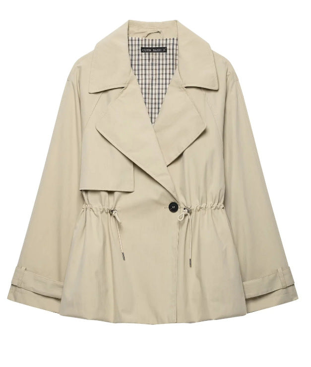 Women's Short Tailored Trench Jacket with Drawstring and Wide Lapel Mune Fashion