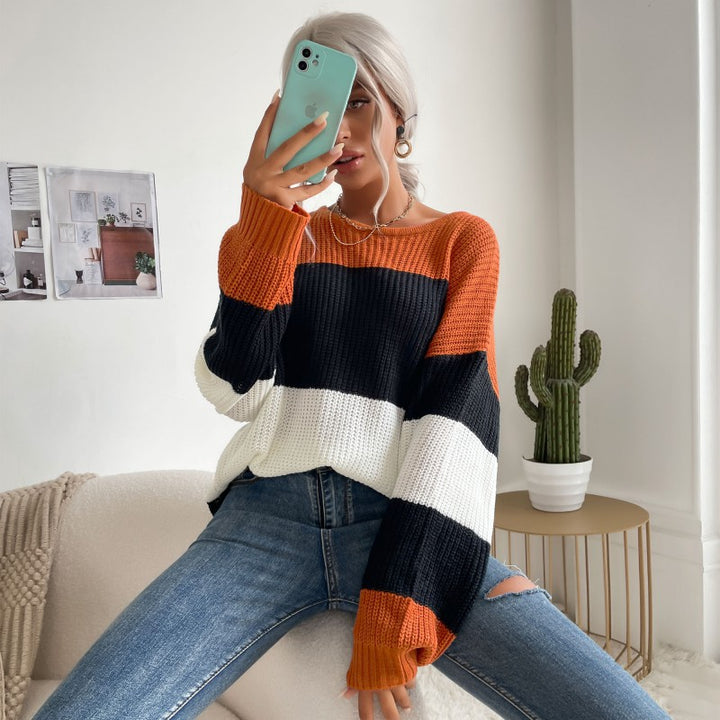 Women's Casual Striped Sweater with Off-Shoulder Design Mune Fashion