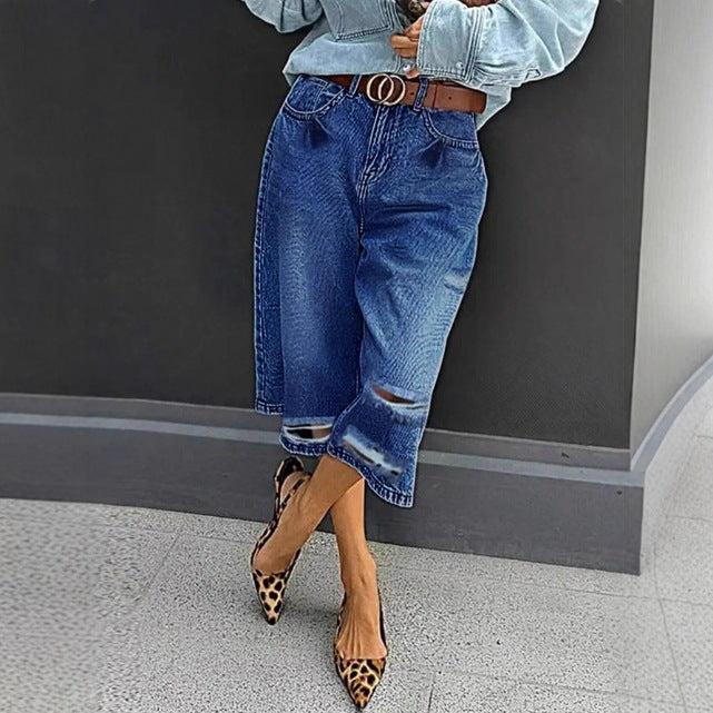 Women High-Waisted Denim Culotte with Destroyed Inserts and Raw Hem Mune Fashion