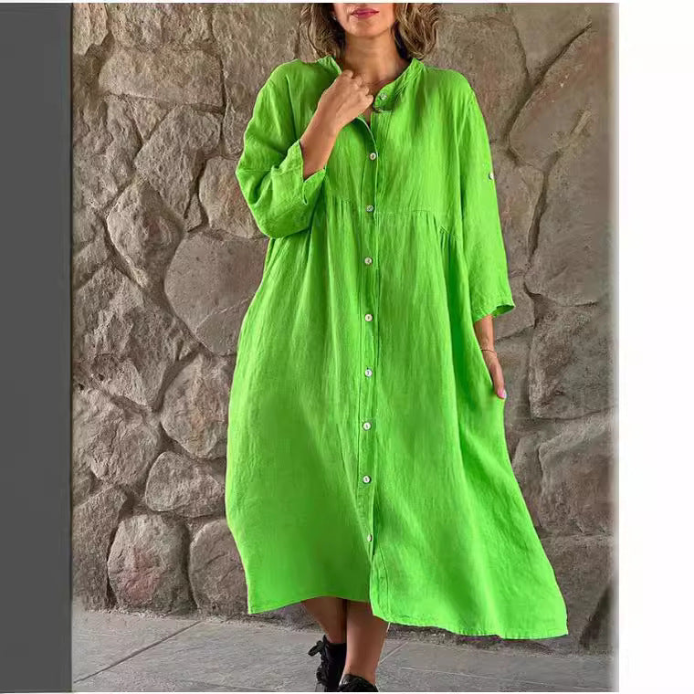 Women's Loose Midi Dress in Linen Blend with Continuous Button Placket and Side Pockets Mune Fashion