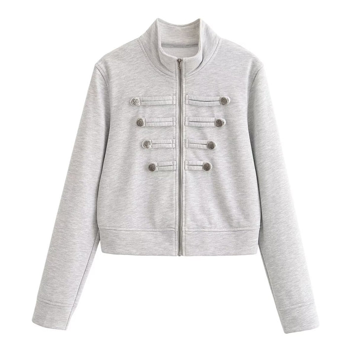 Women's short jacket made of sweat with stand-up collar and decorative military yoke Mune Fashion