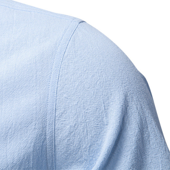 Men's casual short-sleeve shirt with stand-up collar, half button placket, and lightly textured cotton-linen quality Mune Fashion