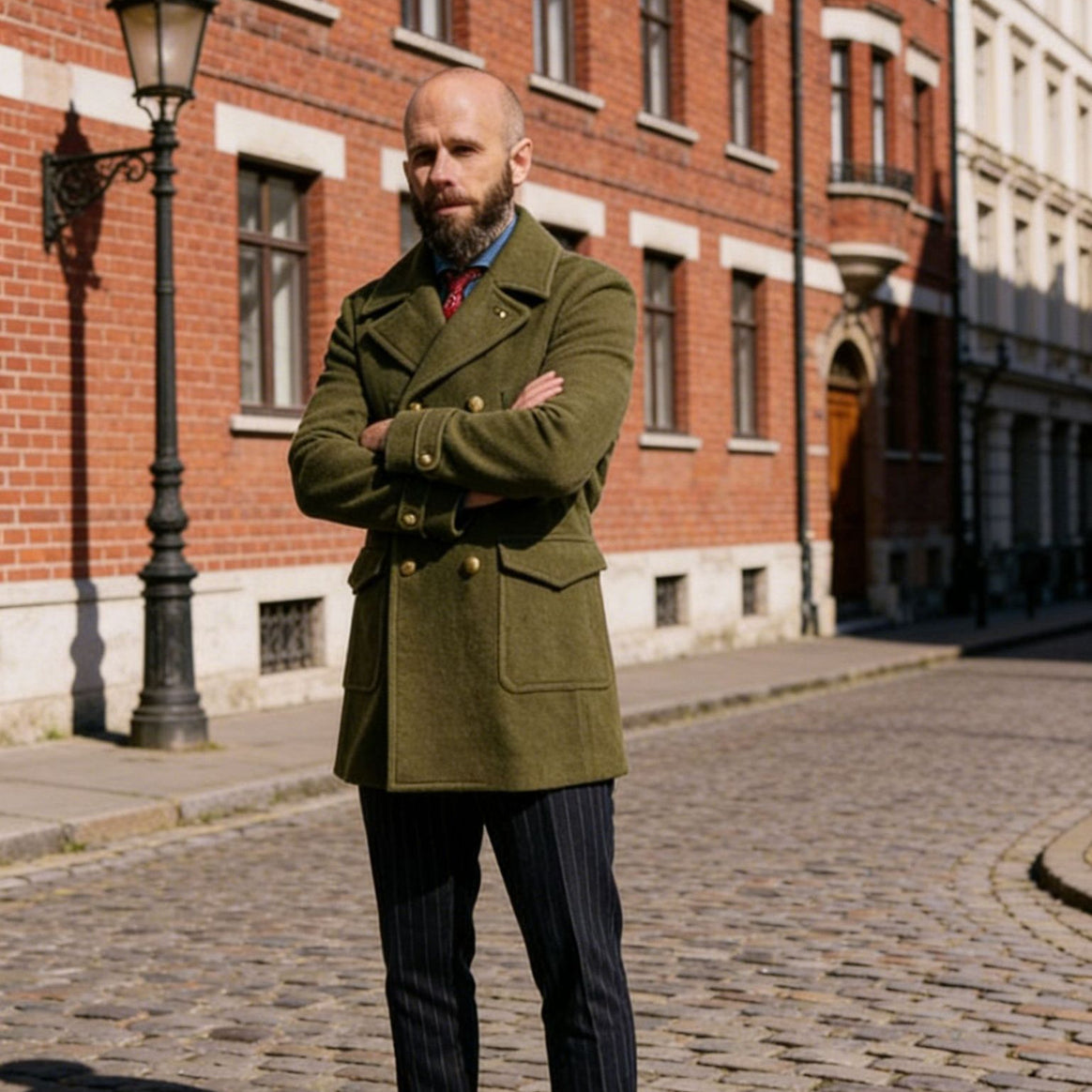 Men's Double-Breasted Wool Coat in Navy Style with Golden Buttons Mune Fashion