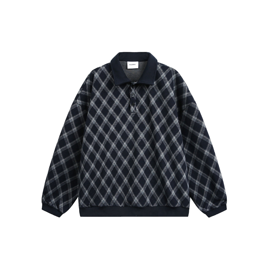 Women Checked Oversize Polo Sweater with Half Button Placket and Ribbed Cuffs Mune Fashion