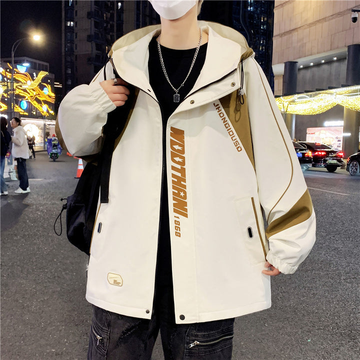 Men's Oversized Windbreaker with Hood, Sporty Front Print and Contrast Panels Mune Fashion