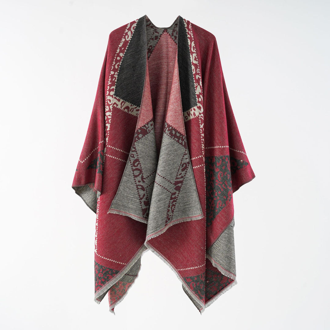 Women's Oversize Cape Throw with Jacquard Woven Patch Motifs and Fringed Hem Mune Fashion