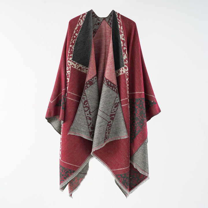 Women's Oversize Cape Throw with Jacquard Woven Patch Motifs and Fringed Hem Mune Fashion