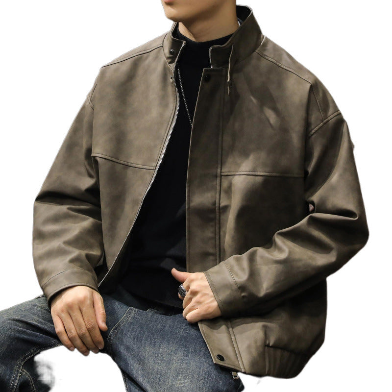 Men's Boxy Leather-Look Blouson with concealed zipper placket, stand collar, and elastic waistband Mune Fashion
